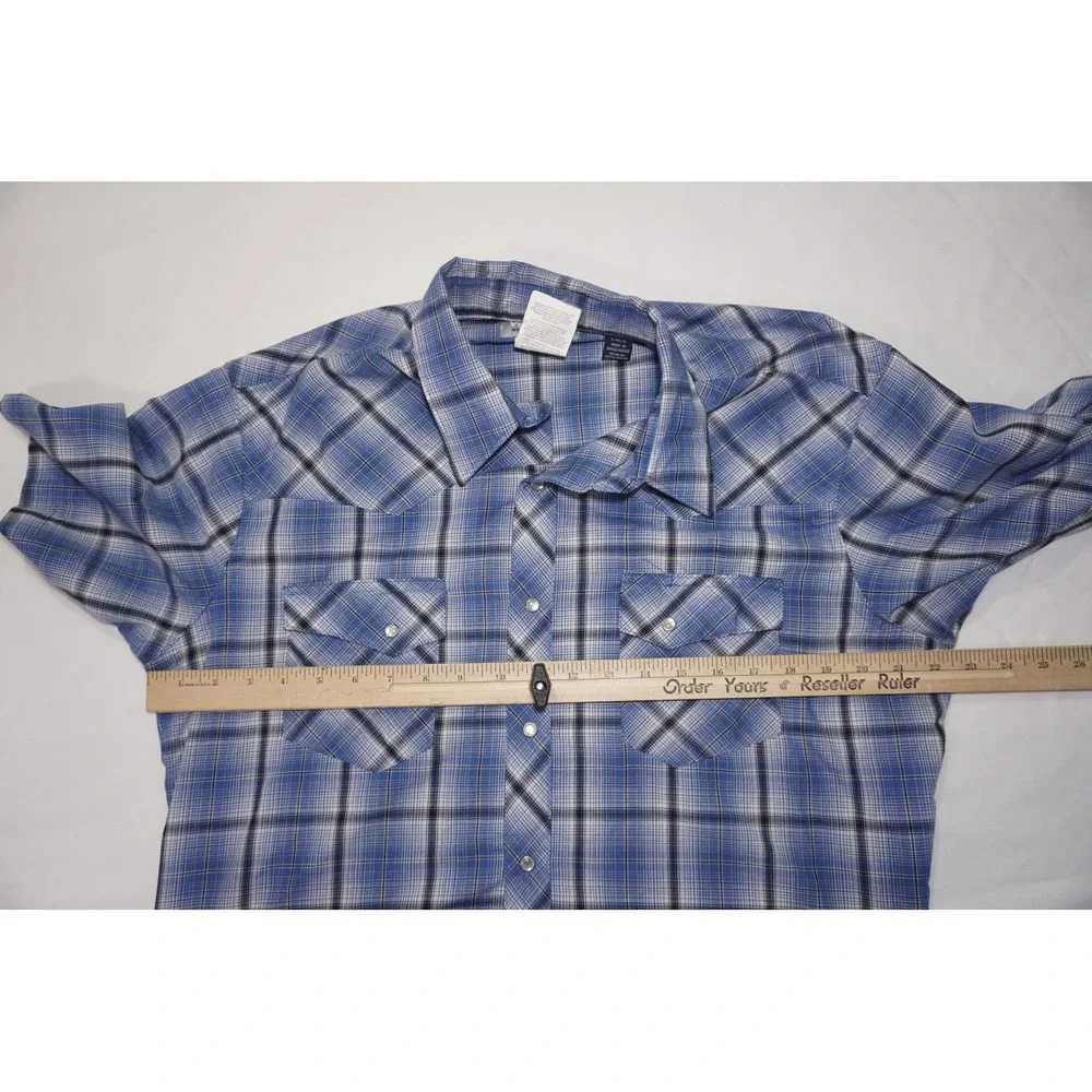 Wrangler Large Short Sleeve Blue Plaid Wrancher Western Snap Shirt